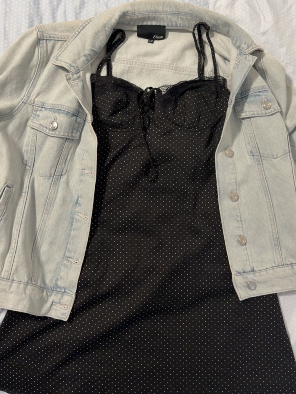 Elan Black Polka Dot Slip Dress with Jean jacket